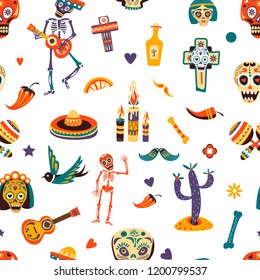 Dia de los Muertos vector greeting card for Mexican traditional holiday seamless pattern.