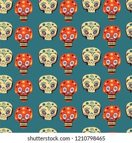 Dia de los Muertos vector greeting card for Mexican traditional holiday seamless pattern.