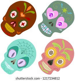 Dia de los muertos vector illustration. Four different isolated sugar skulls on white background. All saints day seamless texture