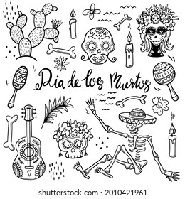 Dia de Los Muertos. Vector big set day of the dead. A Mexican holiday. a skeleton, a candle, a guitar. doodle, hand drawing