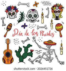 Dia de Los Muertos. Vector big set day of the dead. A Mexican holiday. a skeleton, a candle, a guitar. doodle, hand drawing