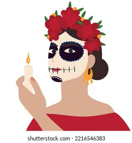 Dia De Los Muertos. Vector stock illustration.  With woman head with Day of Dead makeup and rose in her hair. Isolated on a white background.