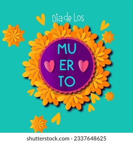 Dia de Los Muertos vector design for banner, poster, card, party, festival print holiday mexico. Trendy colors blue purple and yellow, orange. Circle flower  icon, paper cut hearts 