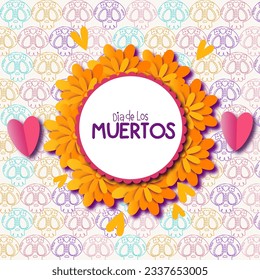 Dia de Los Muertos vector design for banner, poster, card, party, festival print holiday mexico. Sugar Skull  on white background . Circle flower  icon, paper cut hearts 