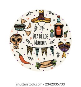 Dia de los Muertos vector set. Mexican holiday symbols - sugar skull, sombrero, maracas, tequila, taco, burrito, garland. Accessories for the Day of the Dead. Flat cartoon clipart for carnival, print