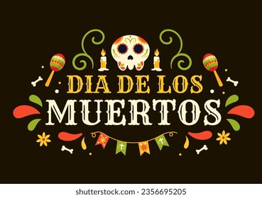 Ilustración vectorial de Dia de Los Muertos con Día de los Muertos, música de juego, esqueleto con disfraces mexicanos y Sombrero en fondo de caricatura plana