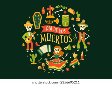 Dia de Los Muertos Vector Illustration with Day of the Dead, Play Music, Skeleton in Mexican Costumes and Sombrero in Flat Cartoon Background