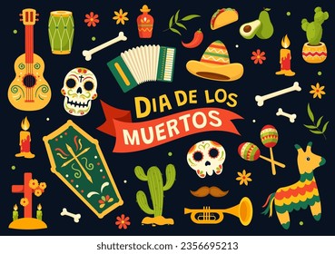 Dia de Los Muertos Vector Illustration with Day of the Dead, Play Music, Skeleton in Mexican Costumes and Sombrero in Flat Cartoon Background