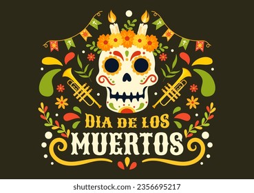 Dia de Los Muertos Vector Illustration with Day of the Dead, Play Music, Skeleton in Mexican Costumes and Sombrero in Flat Cartoon Background