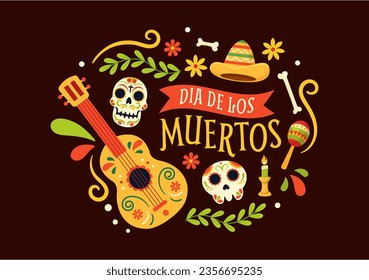 Dia de Los Muertos Vector Illustration with Day of the Dead, Play Music, Skeleton in Mexican Costumes and Sombrero in Flat Cartoon Background