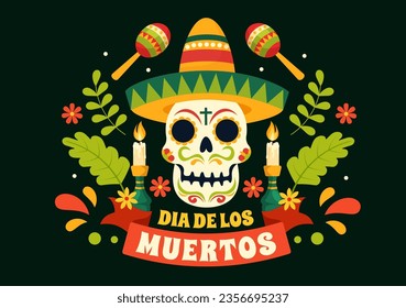 Dia de Los Muertos Vector Illustration with Day of the Dead, Play Music, Skeleton in Mexican Costumes and Sombrero in Flat Cartoon Background