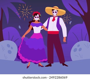 Dia de los Muertos vector illustration: characters dressed in traditional costumes against the backdrop of a night scene with fireworks. Image of the Mexican Day of the Dead festival in flat style.