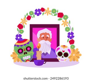 Dia de los Muertos. Vector illustration of an altar complemented by family photos, skulls with candles and flowers. Mexican Day of the Dead design for. Flat style on isolated background.