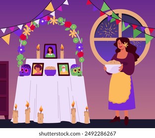 Dia de los Muertos vector illustration: family altar decorated with photos, candles and skulls. The Day of the Dead holiday is captured in a warm and cozy room with a character in a flat style.