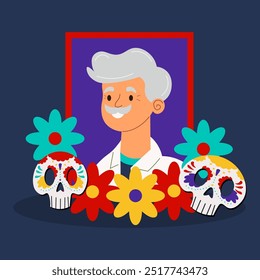 Dia de los Muertos. Vector illustration of altar family photo, skulls with flowers. Mexican Day of the Dead. Flat style