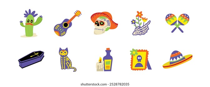 Dia de Los Muertos elementos vetoriais, coleção de ícones. Dia dos mortos