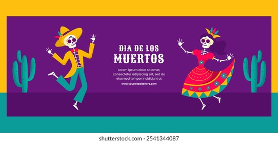 Dia de Los Muertos Vector Template for Social Media Label in Flat Cartoon Style