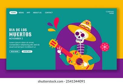 Dia de Los Muertos Vector Template for Social Media Landing Page in Flat Cartoon Style