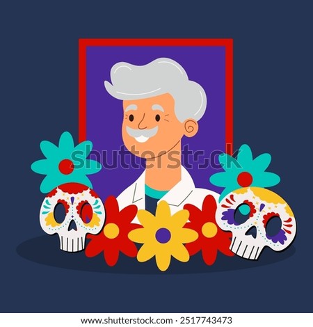 Dia de los Muertos. Vector illustration of altar family photo, skulls with flowers. Mexican Day of the Dead. Flat style