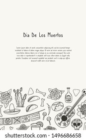 Dia De Los Muertos vertical banner template with mexican theme hand drawn doodle style symbols such as guitar and maraca, taco and nachos tequila and margarita, cactus etc. Stock vector