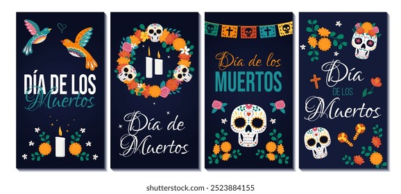 Dia de los Muertos vertical cards with colorful sugar skulls, marigolds, candle encapsulating traditions and joyful spirit of Mexican holiday. Vector illustrations for posters, flyers, social media.