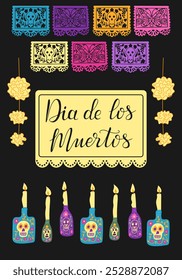 Dia de los Muertos Vertical poster with hand drawn decorated bottles and paper garlands. Calligraphy text. Mexican traditional holiday banner. Holiday design for Day of the dead on black background