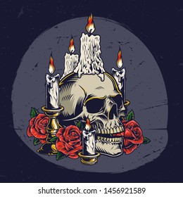 Dia De Los Muertos vintage template with roses burning candles on skull and in candlesticks isolated vector illustration