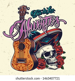 Dia De Los Muertos vintage concept with ukulele beautiful roses skull in sombrero hat on light background isolated vector illustration