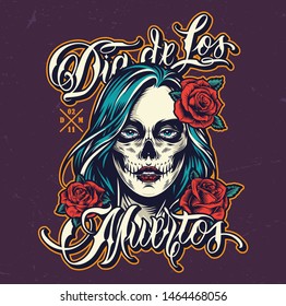 Dia De Los Muertos vintage badge with woman face with spooky makeup and rose flowers in her turquoise hair isolated vector illustration