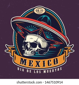 Dia De Los Muertos vintage emblem with skull in sombrero hat on dark purple background isolated vector illustration