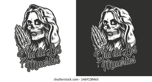 Dia De Los Muertos vintage print with dead girl in hood and praying skeleton hands with rosary isolated vector illustration