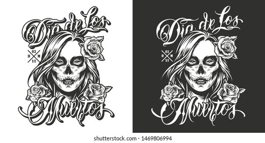 Dia De Los Muertos vintage print with woman head with Day of Dead makeup and roses in her hair isolated vector illustration