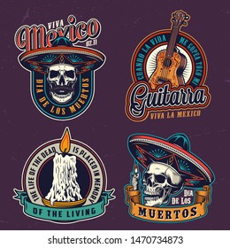 Dia De Los Muertos vintage labels with acoustic guitar skulls in sombrero hats and burning candles isolated vector illustration