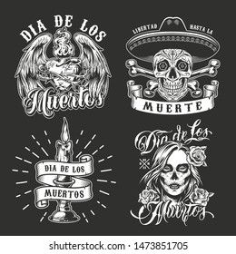 Dia De Los Muertos vintage prints with sugar skull in sombrero crossbones burning candle woman head with spooky makeup fiery heart in wire with angel wings isolated vector illustration