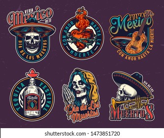 Dia De Los Muertos vintage prints with skulls in sombrero hats fiery heart in wire guitar tequila bottle trumpet dead woman head in hood praying skeleton hands holding rosary vector illustration.