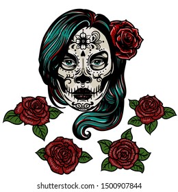 Dia De Los Muertos vintage vector colorful print with woman head with Day of Dead makeup and rose in her hair and roses isolated on white.