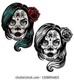 Dia De Los Muertos vintage vector black and color print with woman head with Day of Dead makeup and rose in her hair isolated on white.