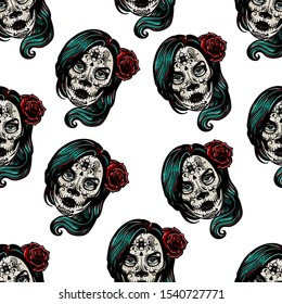 Dia De Los Muertos vintage vector colorful seamless pattern with woman head with Day of Dead makeup and rose in her hair on white background.