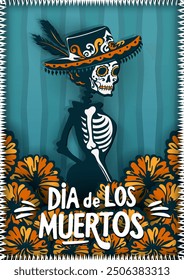 Dia de los Muertos vintage greeting card with hand drawn La Calavera Catrina in hat surrounded by marigold flowers on blue ethnic background. Mexican Day of the Dead paper cut poster with white frame