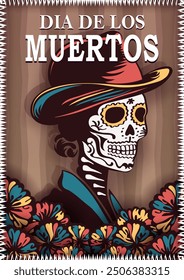 Dia de los Muertos vintage poster with hand drawn La Calavera Catrina in hat surrounded by marigold flowers on brown ethnic background. Mexican Day of the Dead paper cut greeting card with white frame