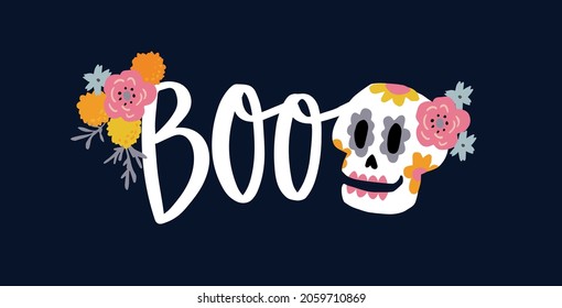 Dia de Los Muertos web banner. Mexican Day of the Dead, Halloween greeting card, invitation. Ornamental skull decor. Tagetes flowers. Hand lettered Boo text. Floral decor. Vector background.