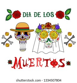 Dia de los Muertos wedding skulls. Day of the dead. Mexican holiday