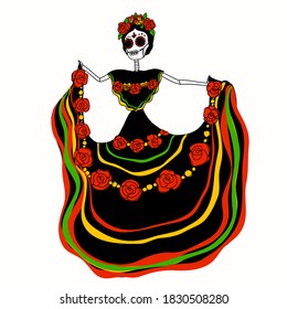 Dia de Los Muertos woman. Ornamental skull, calavera catrina vector 