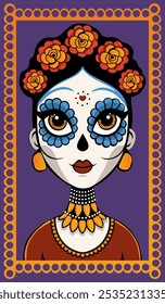 Dia de los Muertos woman with traditional Mexican Day of the Dead sugar skull face paint. Vector illustration.