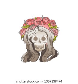 Dia de los muertos - woman's skull with a flower crown for Mexican celebration of the day of the dead. Female skeleton head isolated vector illustration on white background