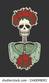 "Dia de los muertos". Woman's Sceleton with roses. Vector illustration.