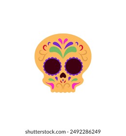 Dia de los Muertos. Yellow festive sugar skull with colorful design. Floral element. Calavera. The main symbol of the Mexican Day of the Dead. Vector illustration isolated on white background.