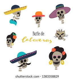  Dia De Los Muertos(Day  of the  dead) Holiday- baile de calaveras(skull dance) hand drawn lettering. Illustration for poster,banner, card.