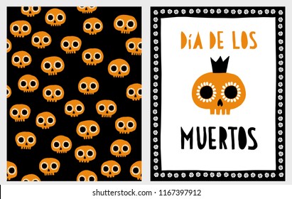 Dia de los Muertos-The Day of the Dead. Hand Drawn Infantile Halloween Vector Card and Pattern. Funny Orange Skulls on a Black Background. Big Funny Skull with Crown Isolated on a White Background.