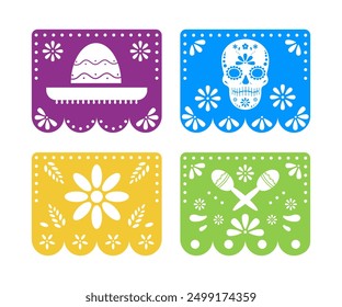 Dia de los muetros. Tag der Toten. Bunte Papel Picado mexikanische Feiertagsfahnen. Gestaltungselemente für Fiesta, Banner, Party, Flyer, Grußkarte. 